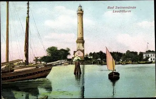 Relief Ak Świnoujście Swinemünde Pommern, Hafenpartie am Leuchtturm, Boote