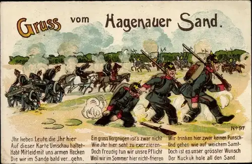 Litho Gruß vom Hagenauer Sand, Soldaten stecken im Sand fest