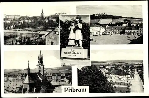 Ak Příbram Pibrans Mittelböhmen, Denkmal Dilu Aloise Jiraska, Teilansicht, Platz