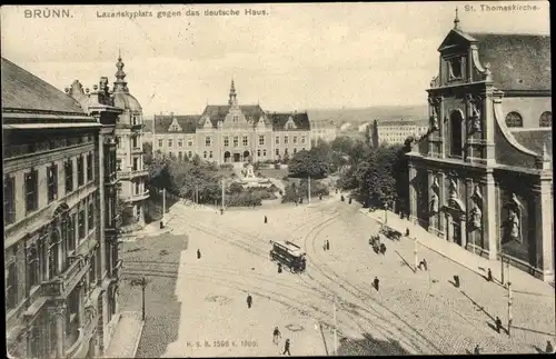 Ak Brno Brünn Südmähren, Lazanskyplatz gegen das deutsche Haus, St. Thomaskirche