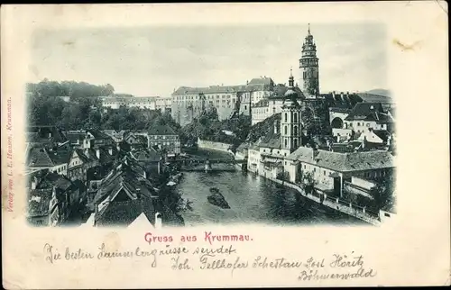 Ak Český Krumlov Böhmisch Krumau Krummau Südböhmen, Teilansicht mit Schloss