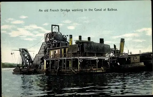 Ak Balboa Panama, An old French Dredge working in the Canal at Balboa, Baggerschiff