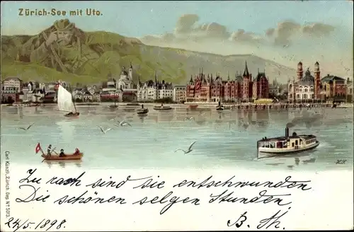 Litho Zürich Stadt Schweiz, Zürich See mit Uto