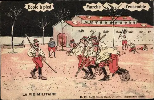 Künstler Ak La Vie militaire, Ecole à pied, Marche d'ensemble