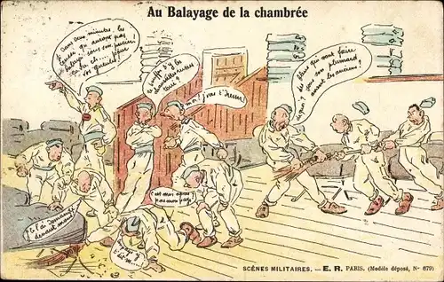 Künstler Ak Au Balayage de la chambrée, Scénes Militaires