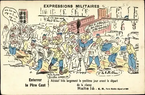 Künstler Ak Expressions Militaires, Enterrer le Père Cent, Halte là