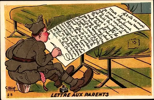 Künstler Ak Petief, G., Soldat schreibt Brief an die Eltern
