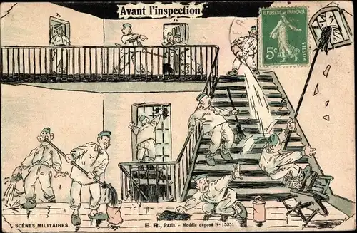 Künstler Ak Scenes Militaires, Avant l'inspection, Halte La