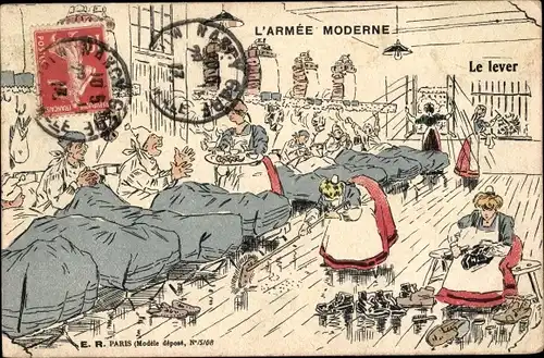 Künstler Ak Scenes Militaires, Armée Moderne, le lever, Putzfrauen reinigen die Stube