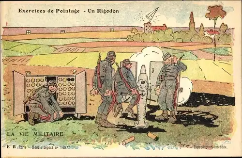 Künstler Ak Exercices de Peintage - Un Rigonon, Artillerie Übung, Kirchturm zerstört