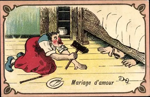 Ak Mariage d'amour, Mann versteckt sich vor Ehefrau unter dem Bett