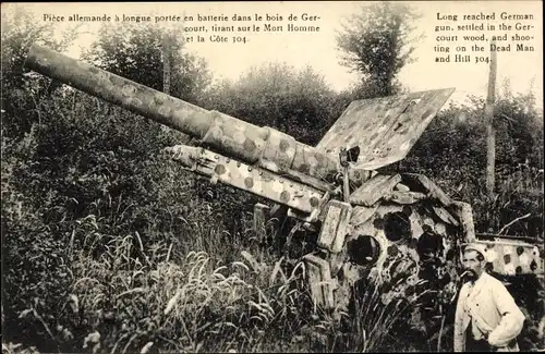 Ak Piece allemande a longue portee en batterie dans les bois de Gercourt, Geschütz, I. WK