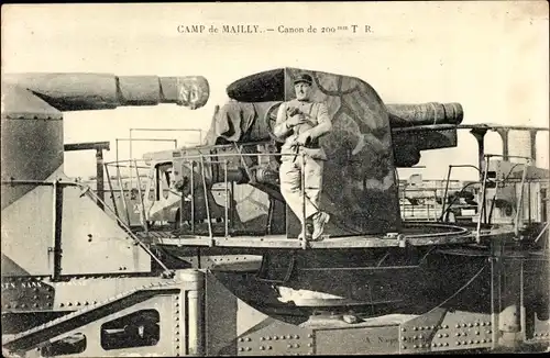 Ak Mailly le Camp Aube, Canon de 200 mm T. R., Eisenbahngeschütz