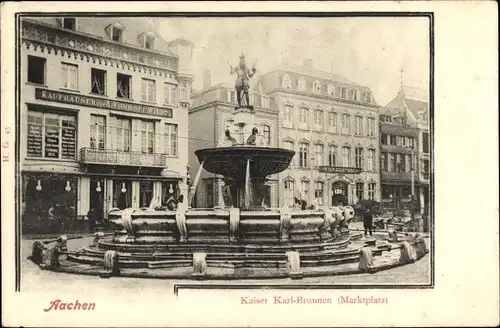 Ak Aachen in Nordrhein Westfalen, Kaiser Karl Brunnen, Marktplatz