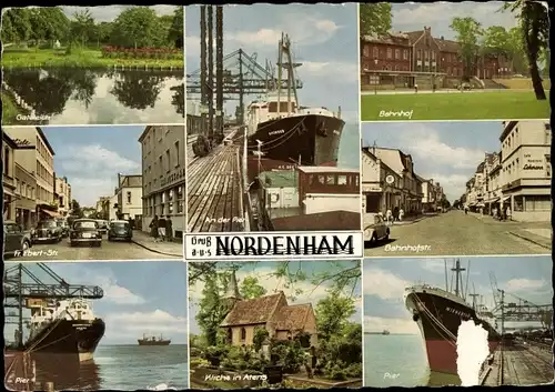 Ak Nordenham in Oldenburg Niedersachsen, Bahnhof, Bahnhofstraße, Pier, Kirche, Schiff, Gateteich