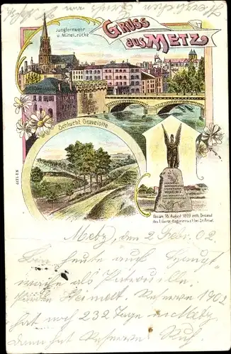 Litho Metz Moselle, Jungfernwehr, Mittelbrücke, Schlucht Gravelotte, Regimentsdenkmal