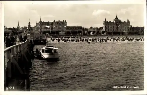 Ak Ostseebad Zinnowitz auf Usedom, Strand und Seebrücke, Hotels