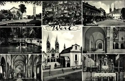 Ak Werl in Westfalen, Bahnhofsvorplatz mit Ehrenmal, Basilika, Markt, Teich