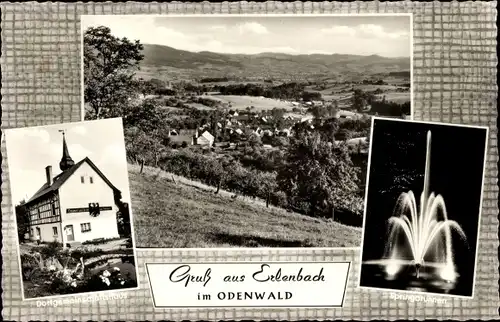 Ak Erlenbach Fürth im Odenwald, Gesamtansicht, Dorfgemeinschaftshaus, Springbrunnen