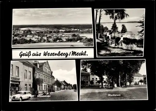 Ak Wesenberg in Mecklenburg, Gesamtansicht, Marktplatz, An der Jugendherberge, Straßenpartie