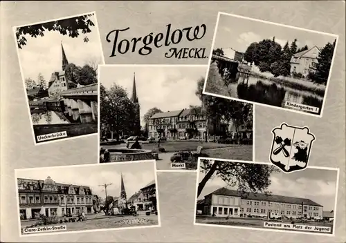 Ak Torgelow an der Uecker, Wappen, Kindergarten I, Postamt, Markt, Ueckerbrücke, Platz der Jugend