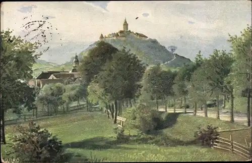 Künstler Ak Kahla Thüringen, Panoramablick auf die Stadt mit Leuchtenburg, Serie 2431 C