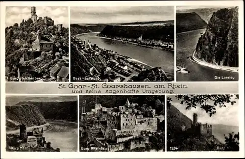 Ak Sankt Goar Sankt Goarshausen am Rhein, Loreley, Burg Reichenberg, Burg Katz, Burg Rheinfels, Ort