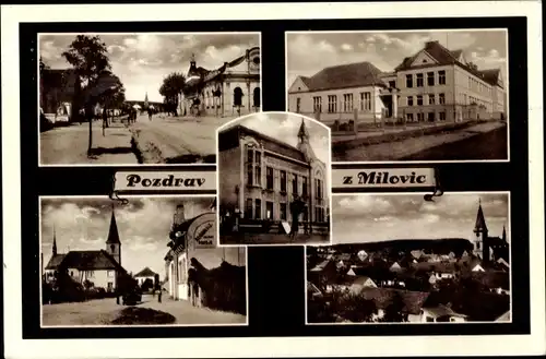 Ak Milovice nad Labem Milowitz Mittelböhmen, Teilansicht, Straßenpartie, Gebäude