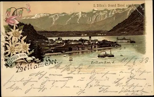 Litho Zell am See in Salzburg, Stadtansicht, Dampfer, Blumen, G. Böhm's Grand Hotel am See