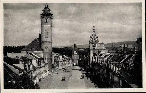 Ak Domažlice Taus Region Pilsen, Straßenpartie, Turm