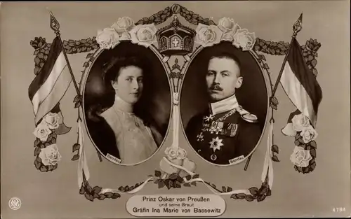 Passepartout Ak Oskar Prinz von Preußen, Ina Marie von Bassewitz, Portrait, Fahnen