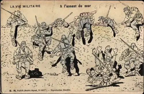 Künstler Ak La vie Militaire, A l'assaut du mur, Halte là