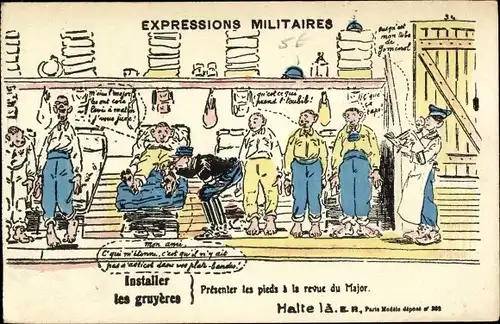 Künstler Ak Expressions Militaires, Installer les gruyères, Halte là