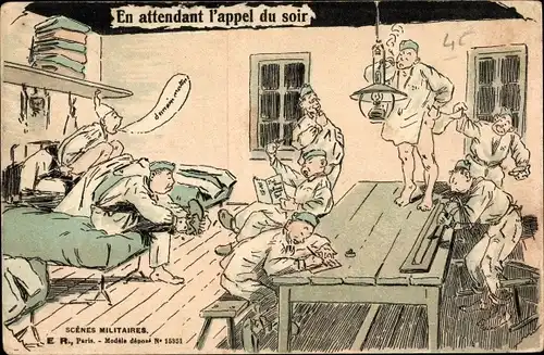 Künstler Ak Scenes militaires, En attendant l'appel du soir