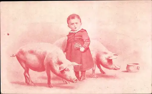 Ak Kind mit zwei Schweinen, Nachttopf