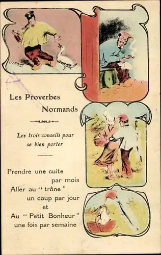 Ak Les Proverbes Normands, Trachten Normandie, Mann auf dem Klo