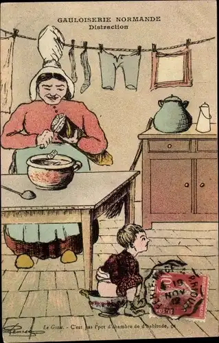 Künstler Ak Gauloiserie Normande, Distraction, Junge auf dem Nachttopf, Mutter, Küche