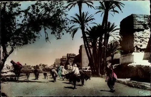 Ak Marokko, Scenes et Types, Depart pour le Souk, Palmen, Araber, Maghreb