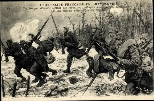 Ak L'Offensive Francaise en Champagne, Nos troupes d'assaut, Schlachtfeld, I. WK