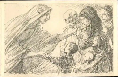 Künstler Ak Herrscherin mit Untertanen, Trost, Frau mit Kindern