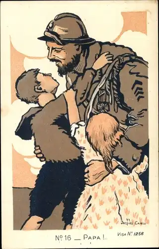 Künstler Ak Carlu, J., Soldat zu Hause angekommen, Freude seiner Kinder, Soldatenliebe