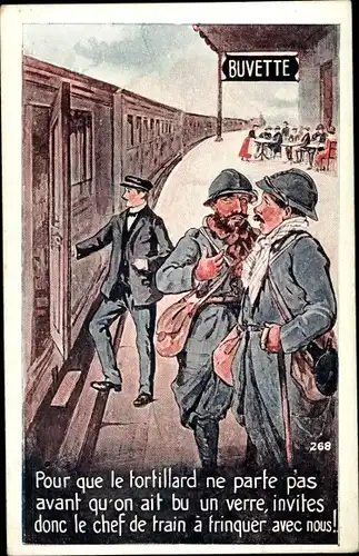 Ak Französische Soldaten am Bahnhof, Zug, Gleise, Buvette