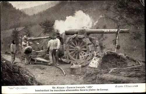 Ak En Alsace, Canon francais r55 bombardant les tranchees allemandes dans la plaine de Cernay