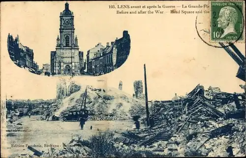 Ak Lens Pas de Calais, la Grande place et l'Eglise avant et après la guerre