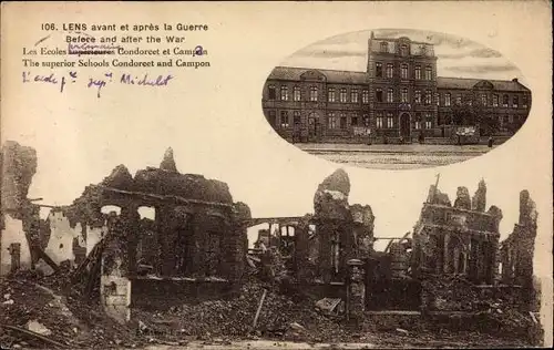Ak Lens Pas de Calais, Avant et apres la Guerre, Kriegszerstörungen, I. WK