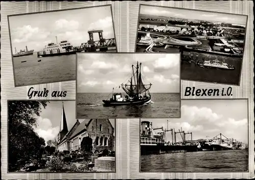 Ak Blexen Nordenham in Oldenburg, Fähre Blexen-Bremerhaven, Kirche, Hafen, Fischerboot