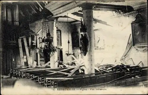 Ak Aubréville Meuse, Kirche, Innenansicht, Kriegszerstörung