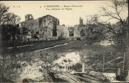 Ak Argonne Meuse, Ruines d'Avocourt, Eglise, Les Ruines de la Grande Guerre