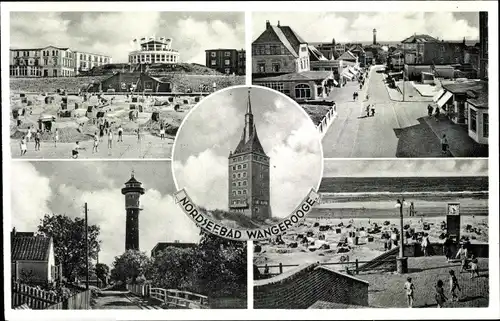 Ak Nordseebad Wangerooge in Ostfriesland, Café Pudding am Strand, Leuchtturm, Westturm