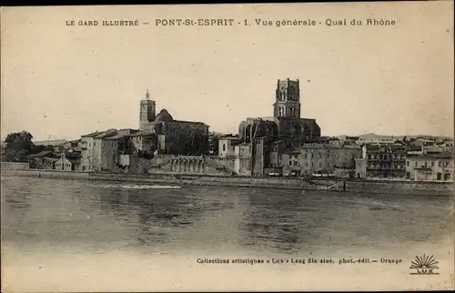 Ak Pont Saint Esprit Gard, Vue generale, Quai du Rhone